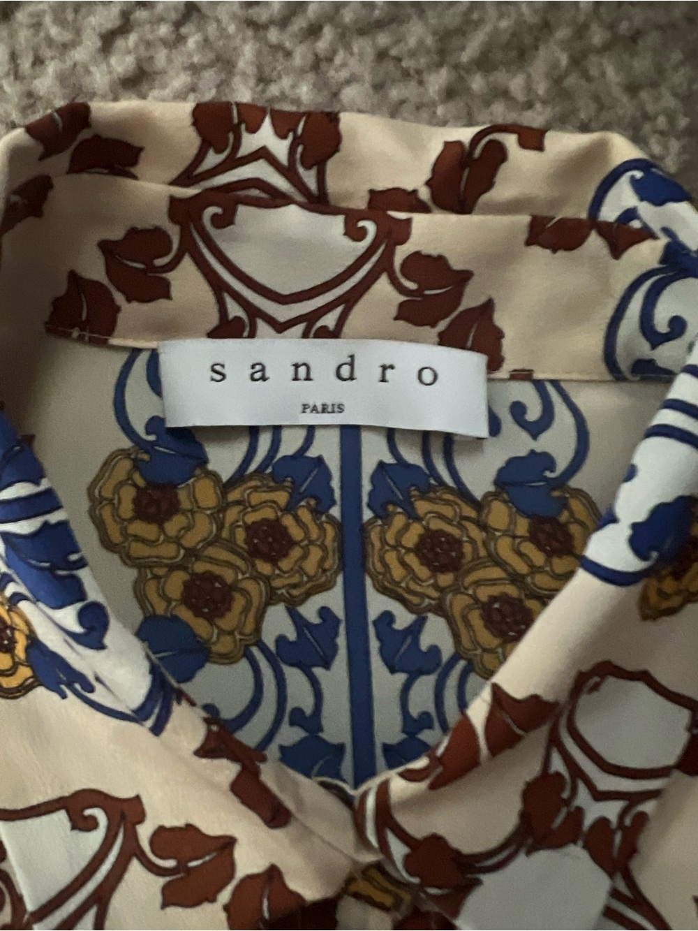 Sandro Women's Beige Patterned Button-Up Blouse with Blue & brown print - Picture 3 of 5